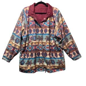 Vintage 90s Reversible Fleece Nylon Jacket Medium Aztec Southwestern Print‎